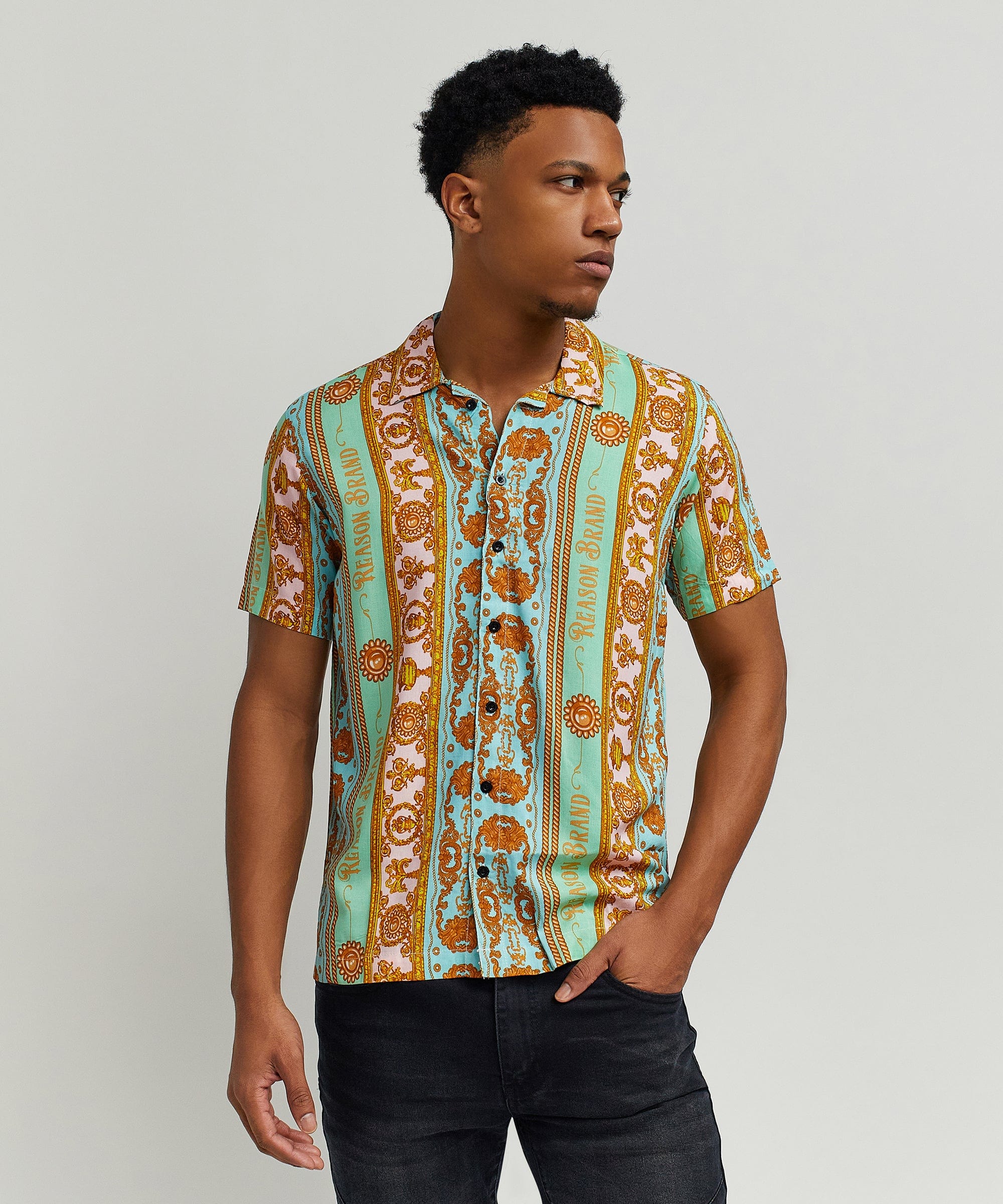 Baroque Viscose Button-Down Short Sleeve Shirt - Multicolor