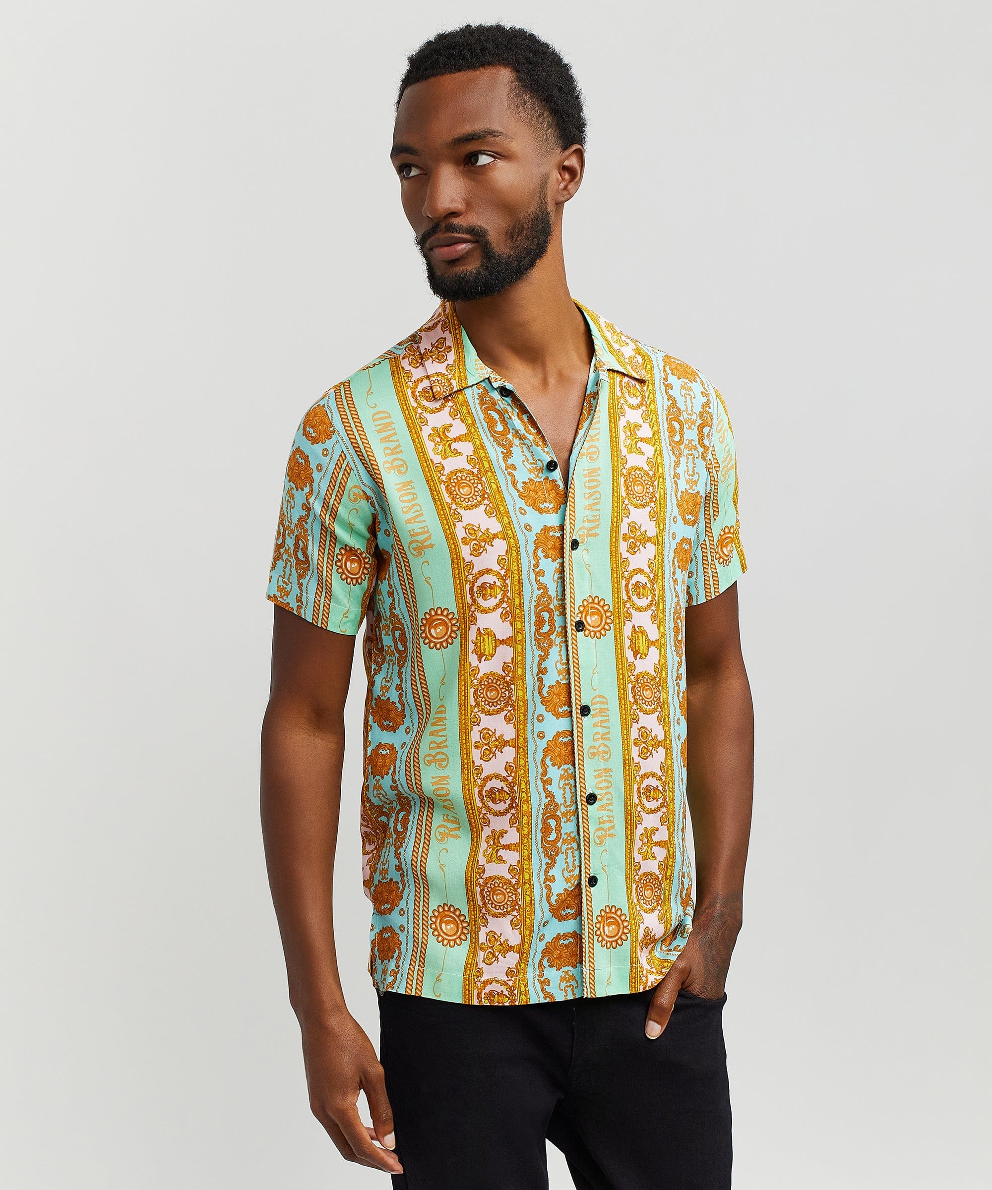 Baroque Viscose Button-Down Short Sleeve Shirt - Multicolor