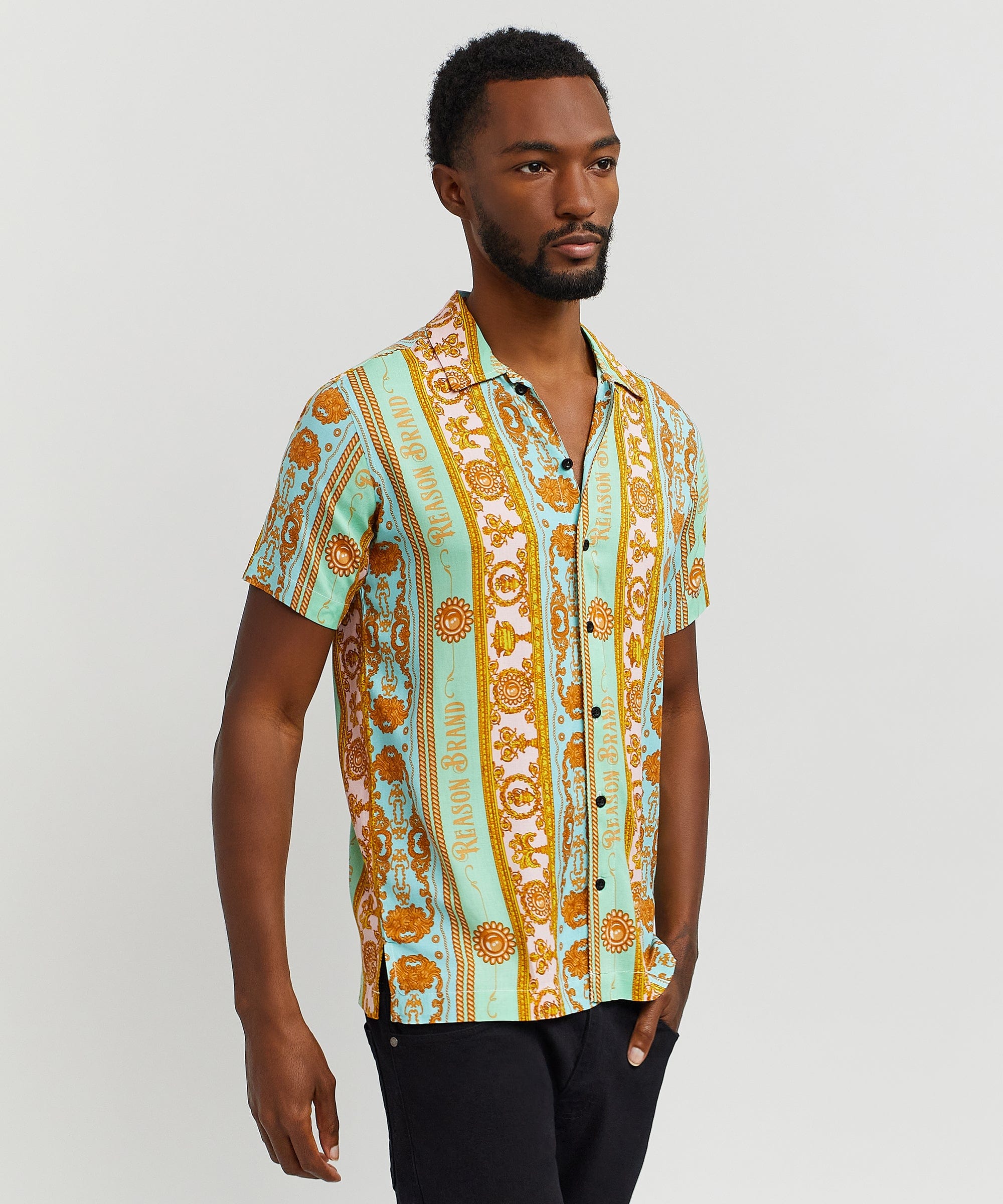 Baroque Viscose Button-Down Short Sleeve Shirt - Multicolor