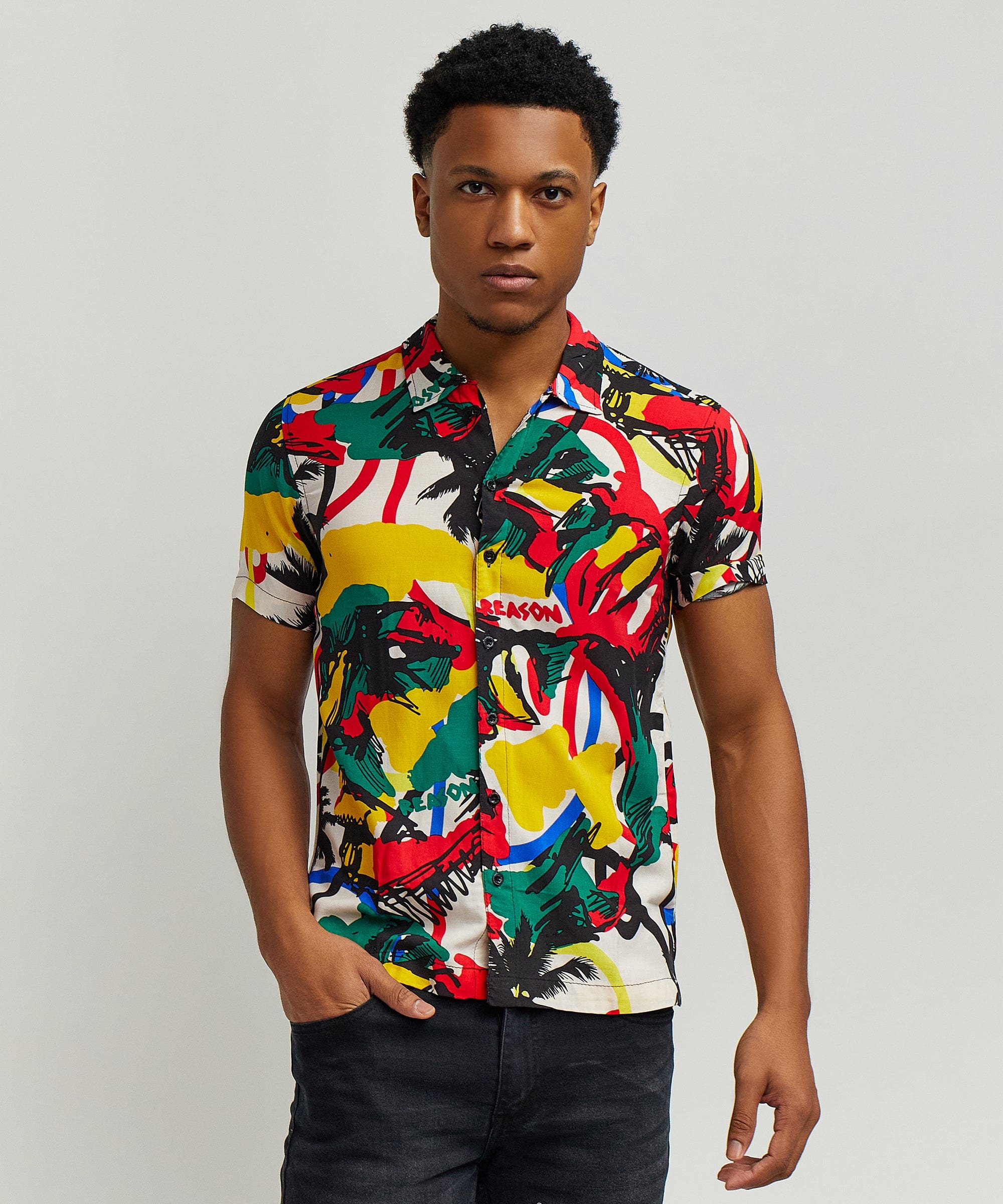 Abstract Viscose Button-Down Short Sleeve Shirt - Multicolor