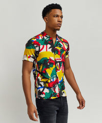 Abstract Viscose Button-Down Short Sleeve Shirt - Multicolor