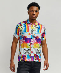Geo Shape Viscose Button-Down Short Sleeve Shirt - Multicolor