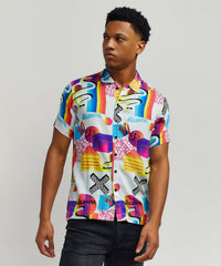 Geo Shape Viscose Button-Down Short Sleeve Shirt - Multicolor