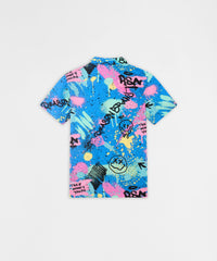 Graffiti Viscose Button-Down Short Sleeve Shirt - Multicolor