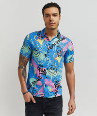 Graffiti Viscose Button-Down Short Sleeve Shirt - Multicolor