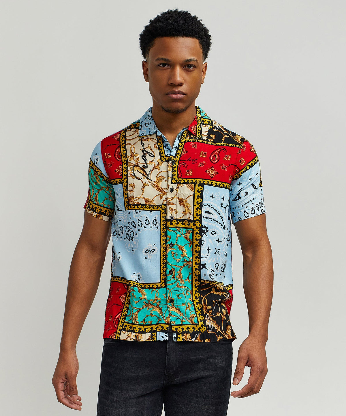 Baroque Patchwork Viscose Button-Down Short Sleeve Shirt - Multicolor