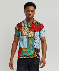 Baroque Patchwork Viscose Button-Down Short Sleeve Shirt - Multicolor