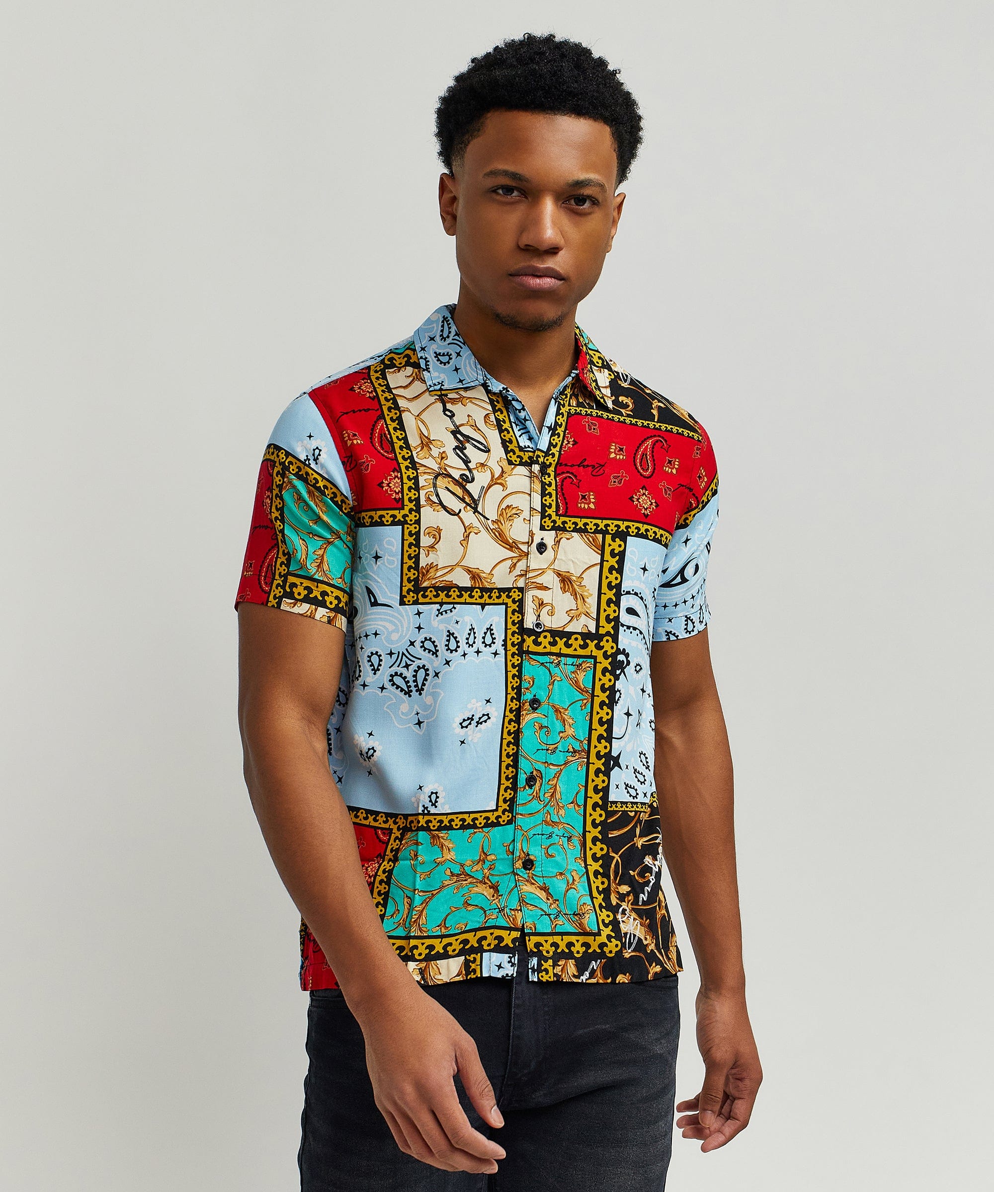 Baroque Patchwork Viscose Button-Down Short Sleeve Shirt - Multicolor