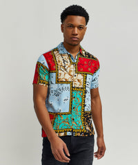 Baroque Patchwork Viscose Button-Down Short Sleeve Shirt - Multicolor