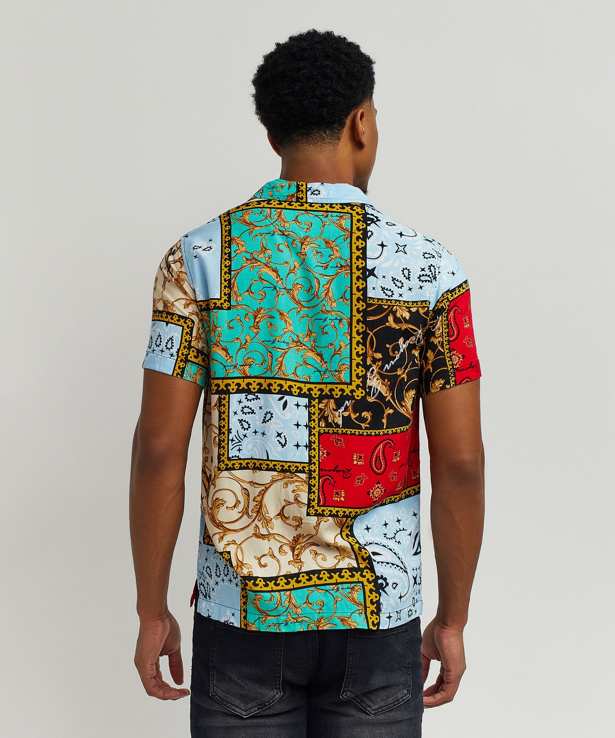 Baroque Patchwork Viscose Button-Down Short Sleeve Shirt - Multicolor