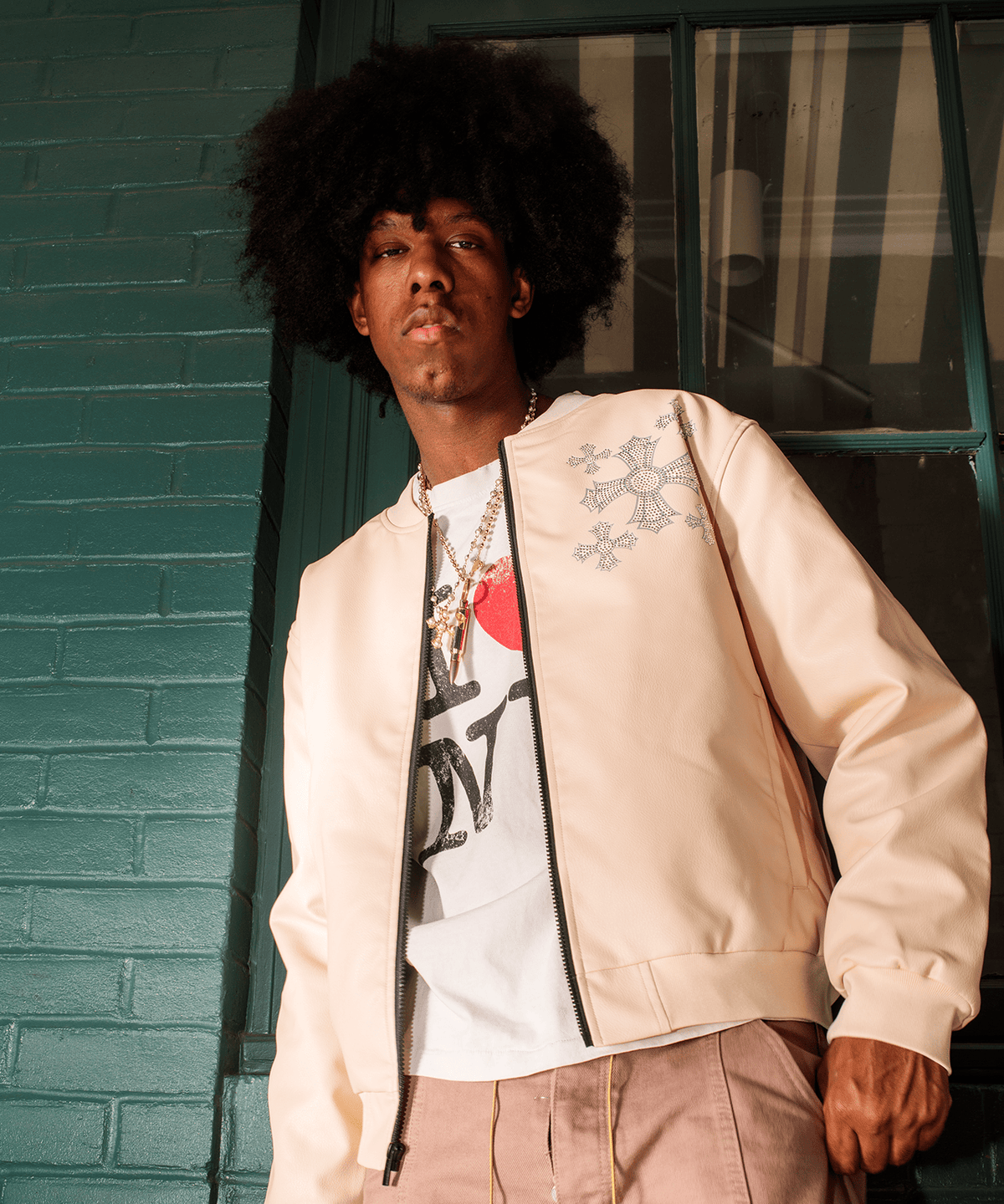 Crossed Faux PU Leather Bomber Jacket - Cream
