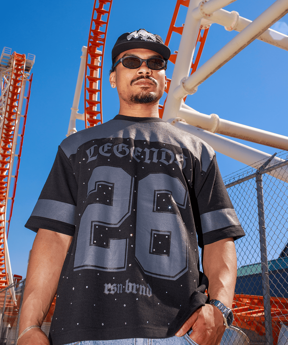 Football Rhinestones Short Sleeve Tee - Black